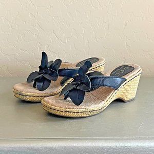 Born Concept BOC 6 Black Leather Flower Platform Wedge Thong Sandals